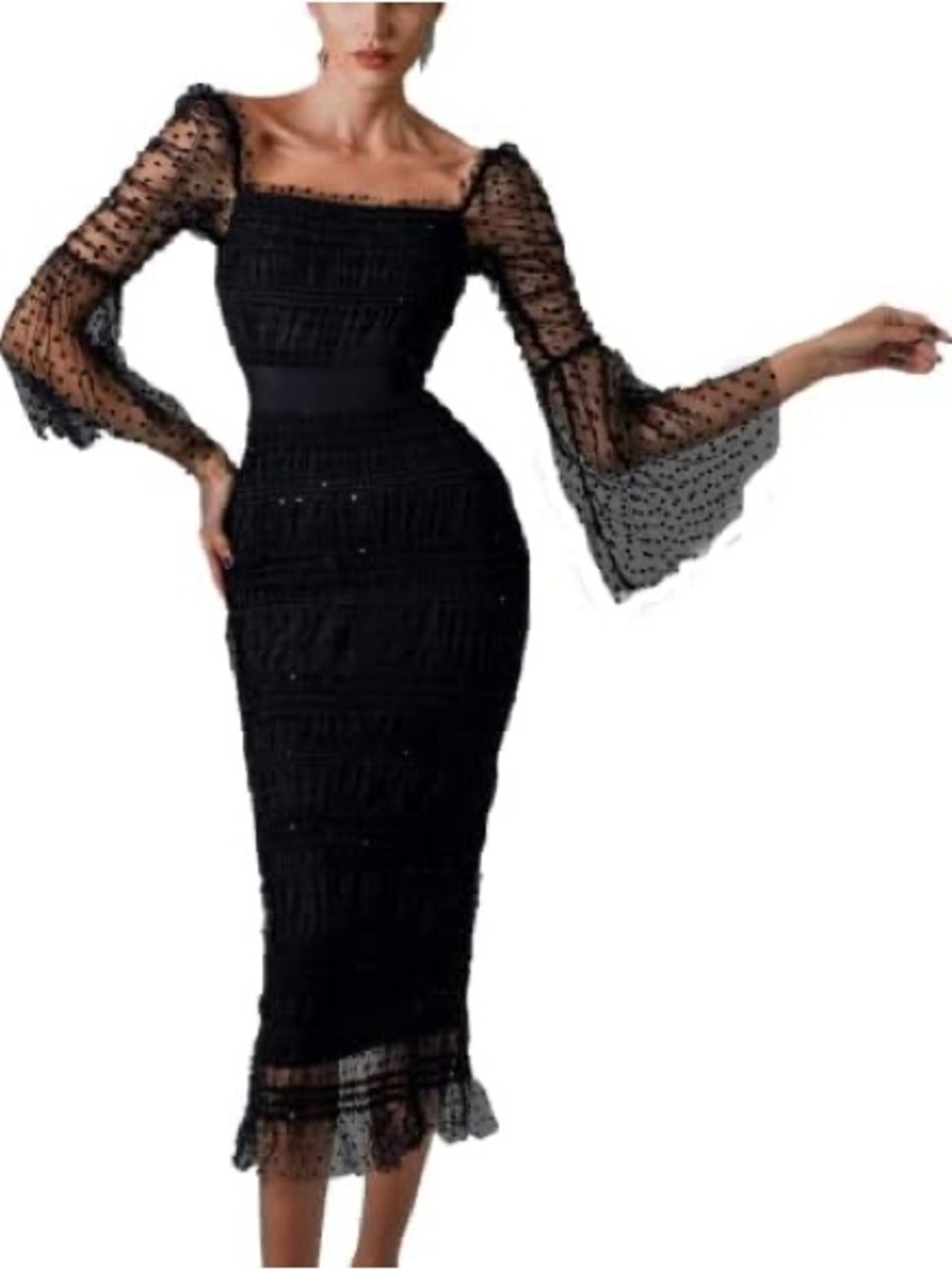 Bella Barnett Black Mesh Polka Dot Sheer Fitted Bell Sleeve Midi Dress Womens XL